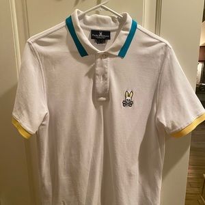 Psycho Bunny, white polo shirt with blue and yellow trim, size 4 (adult medium).